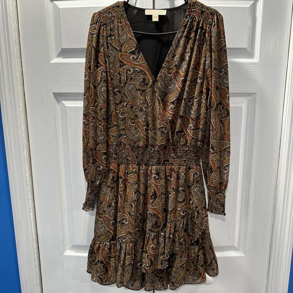 Michael Kors ‎ Dress Paisley Print Smocked Waist Ruffle Long Sleeve Sienna SZ M - Picture 1 of 6